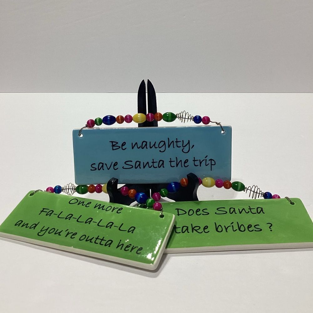 Tumbleweed Pottery Beaded Snarky Christmas Ceramic Decorations Lot of 3